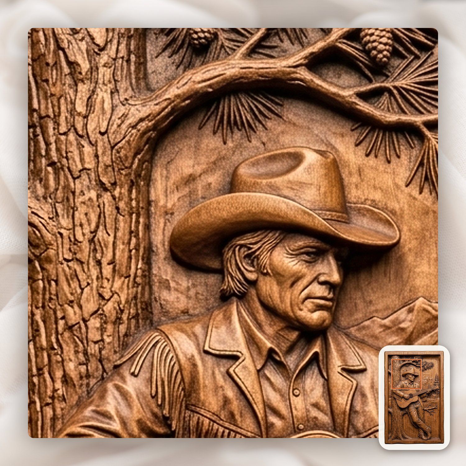Cowboy Guitarist Pine Tree Scene CNC Relief STL bas-relief STL — view 11