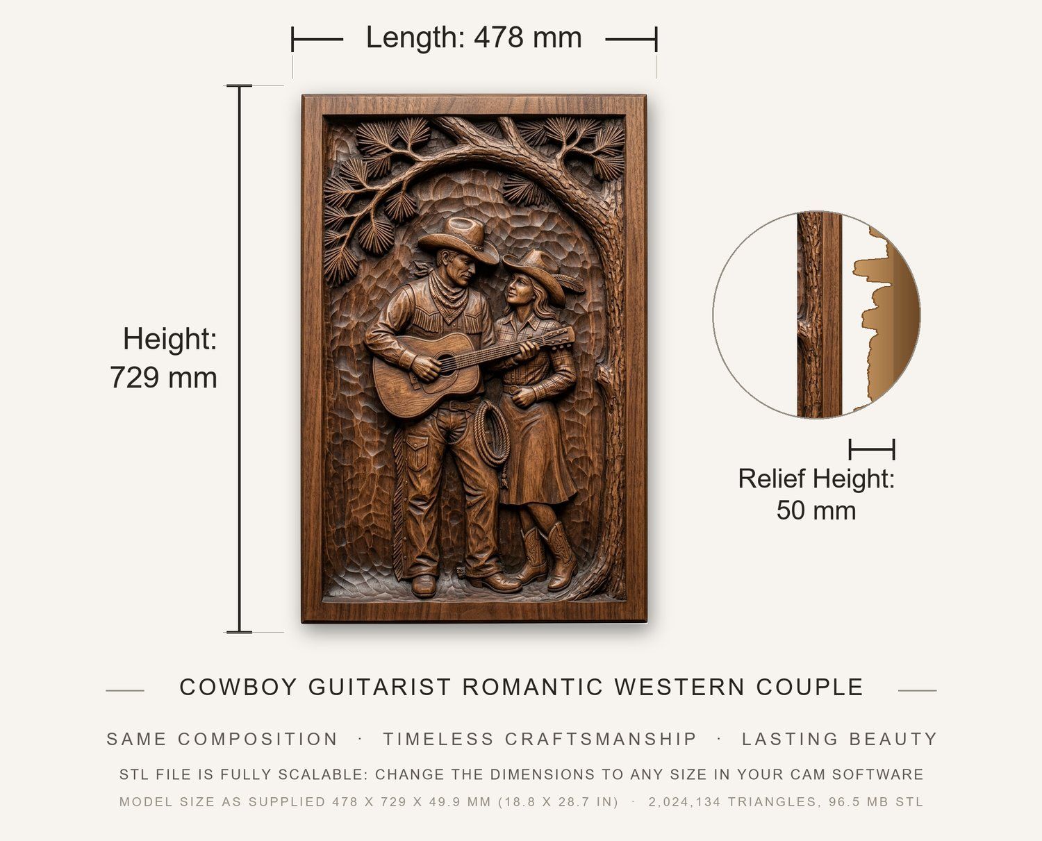 Cowboy Guitarist Romantic Western Couple CNC Relief STL bas-relief STL — view 3