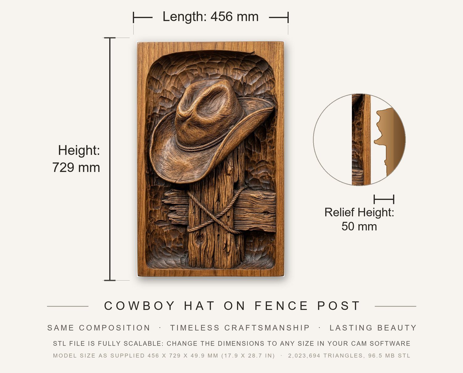 Cowboy Hat on Fence Post CNC Relief STL bas-relief STL — view 12