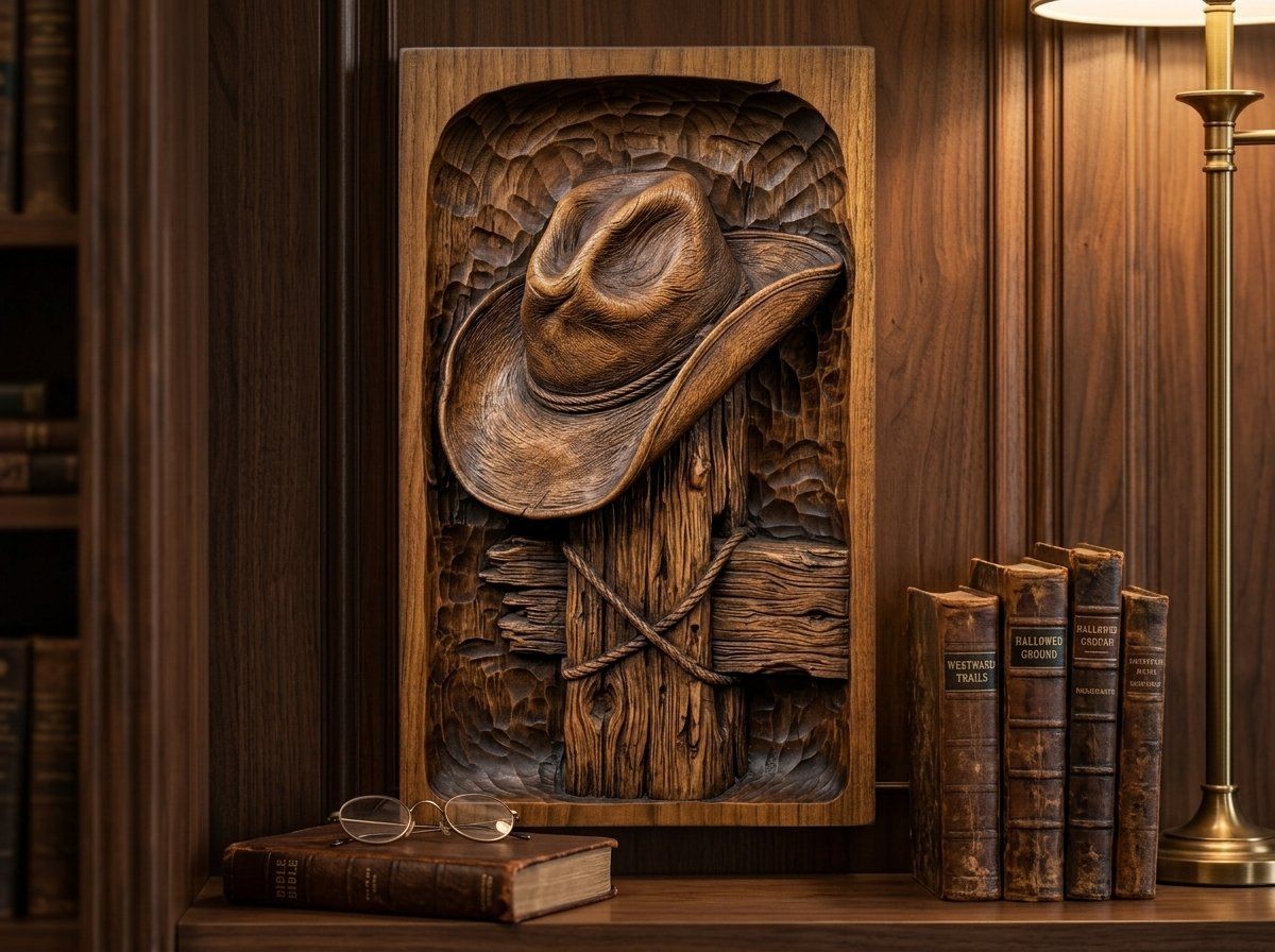 Cowboy Hat on Fence Post CNC Relief STL bas-relief STL — view 14