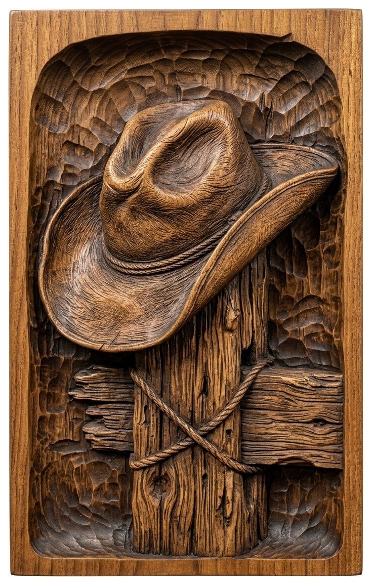 Cowboy Hat on Fence Post CNC Relief STL bas-relief STL — view 2