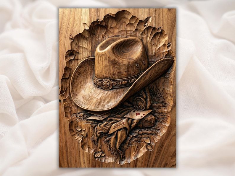 Carved wood bas-relief of a cowboy hat resting on two ace playing cards and a worn bandana