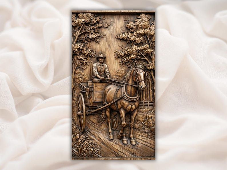 Carved wood relief of a man driving a horse-drawn wagon down a tree-lined country road with a fence