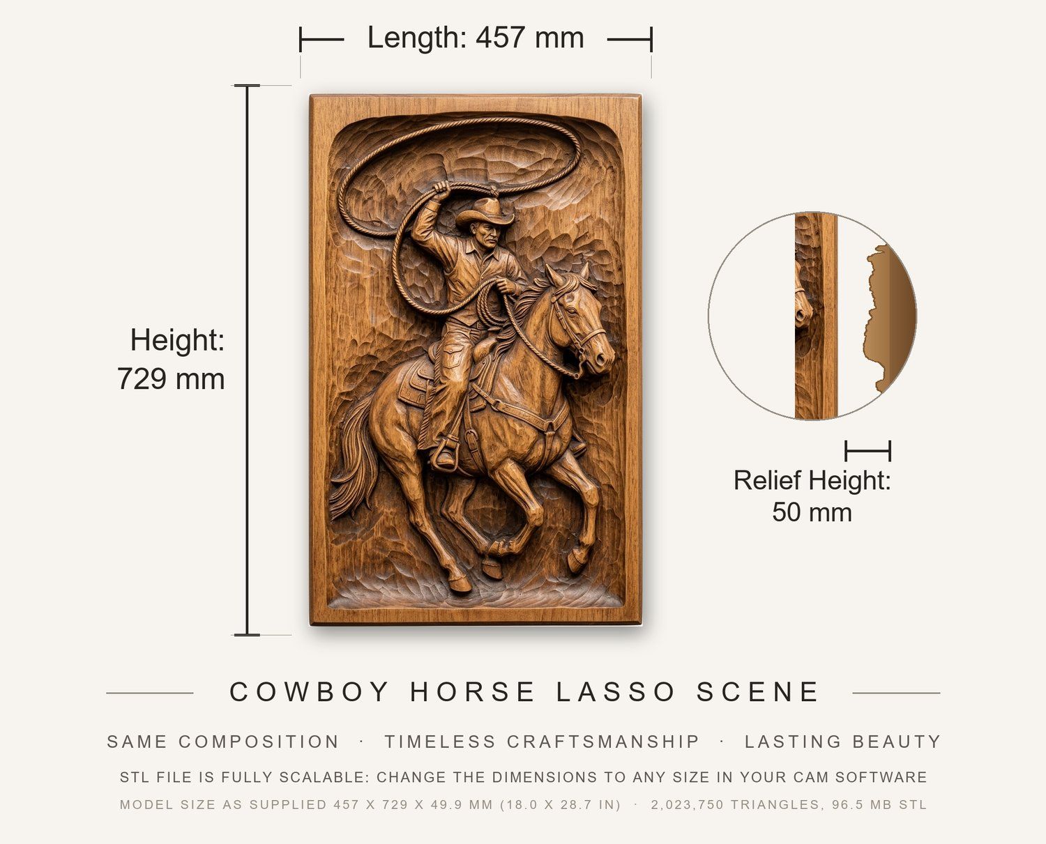 Cowboy Horse Lasso Scene CNC Relief STL bas-relief STL — view 3
