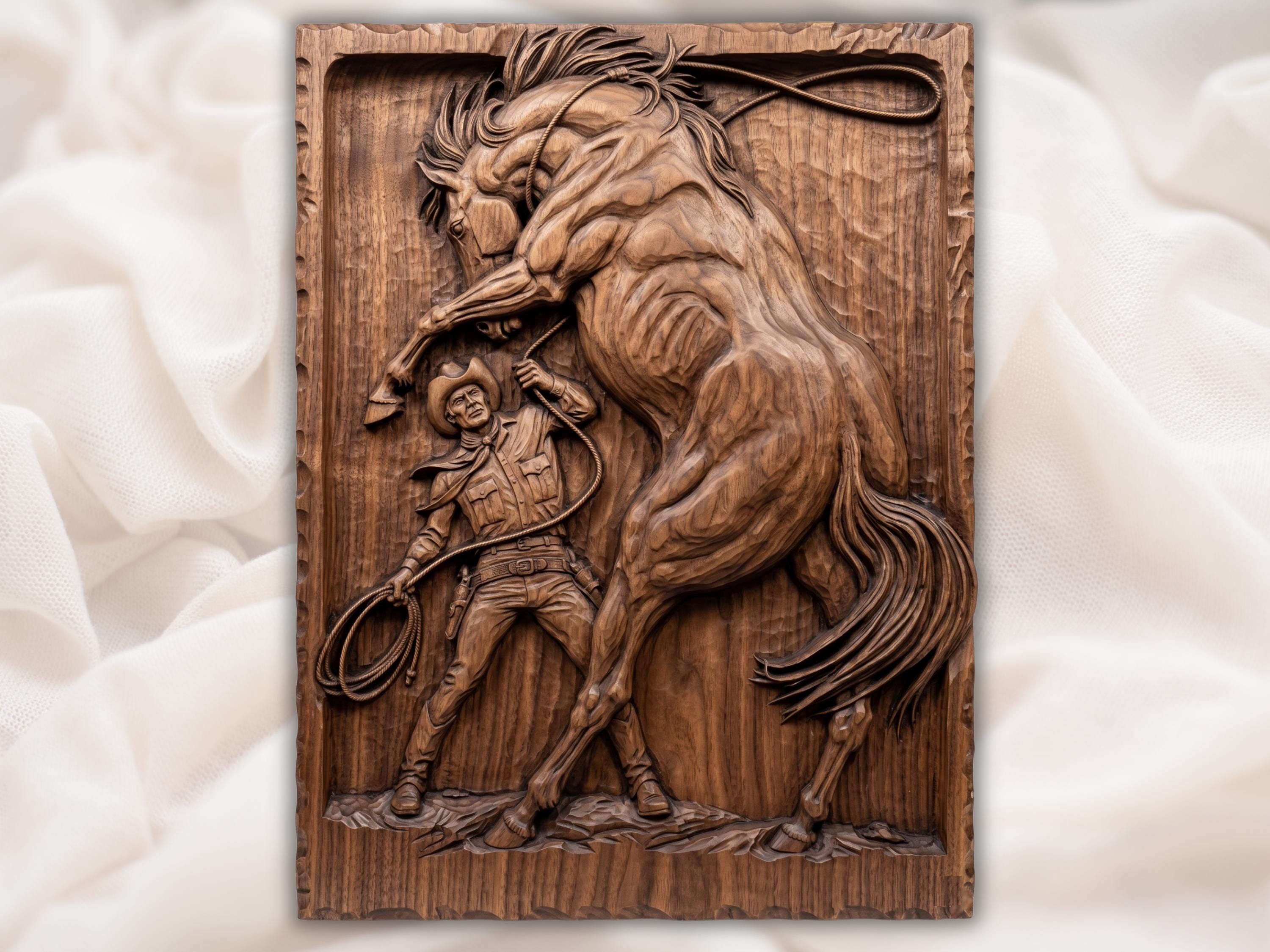 Wood bas-relief carving of a cowboy gripping a rope as a horse rears up beside him