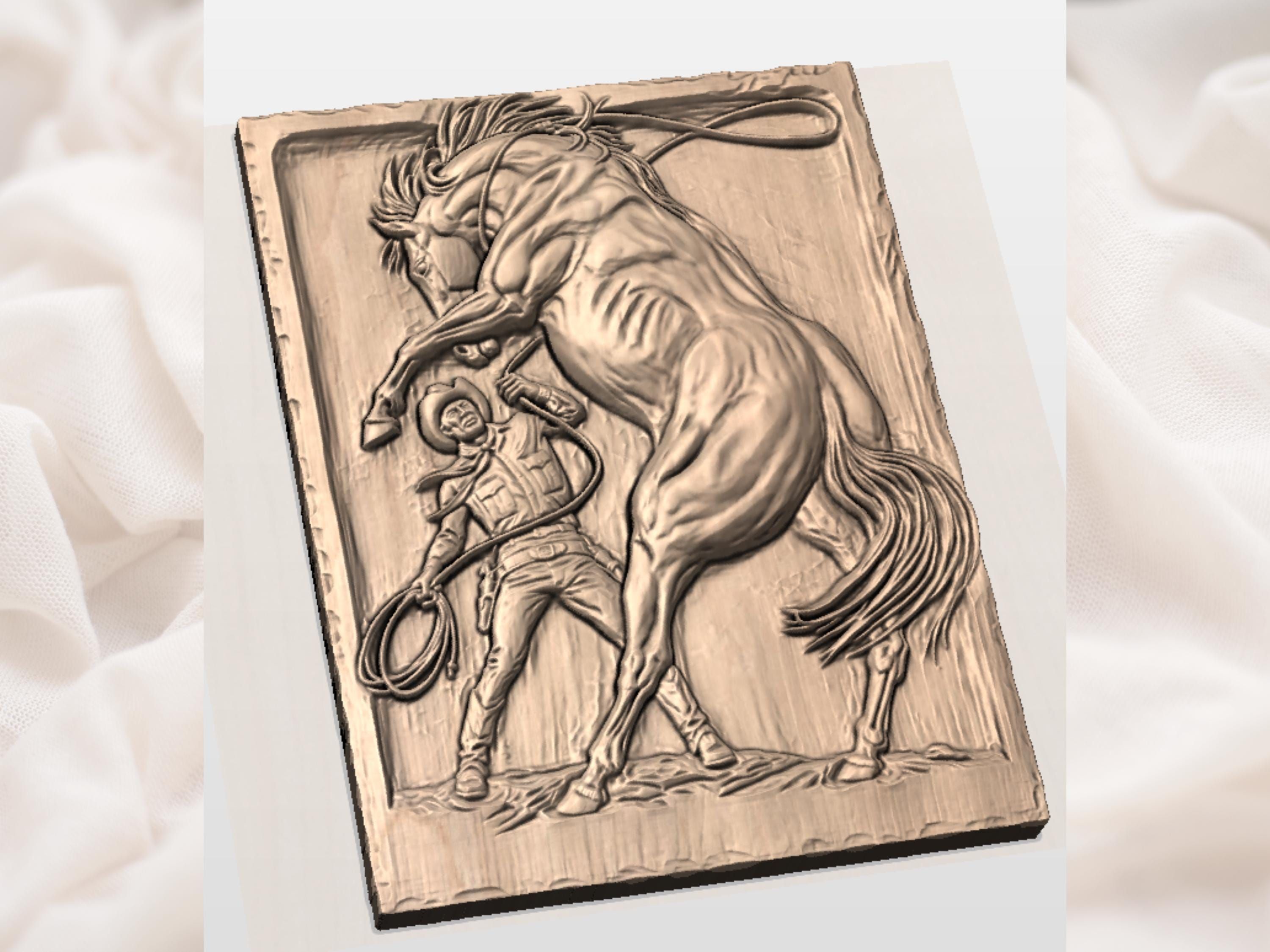 Cowboy Breaking a Rearing Horse Bas-Relief STL Panel bas-relief STL — view 2
