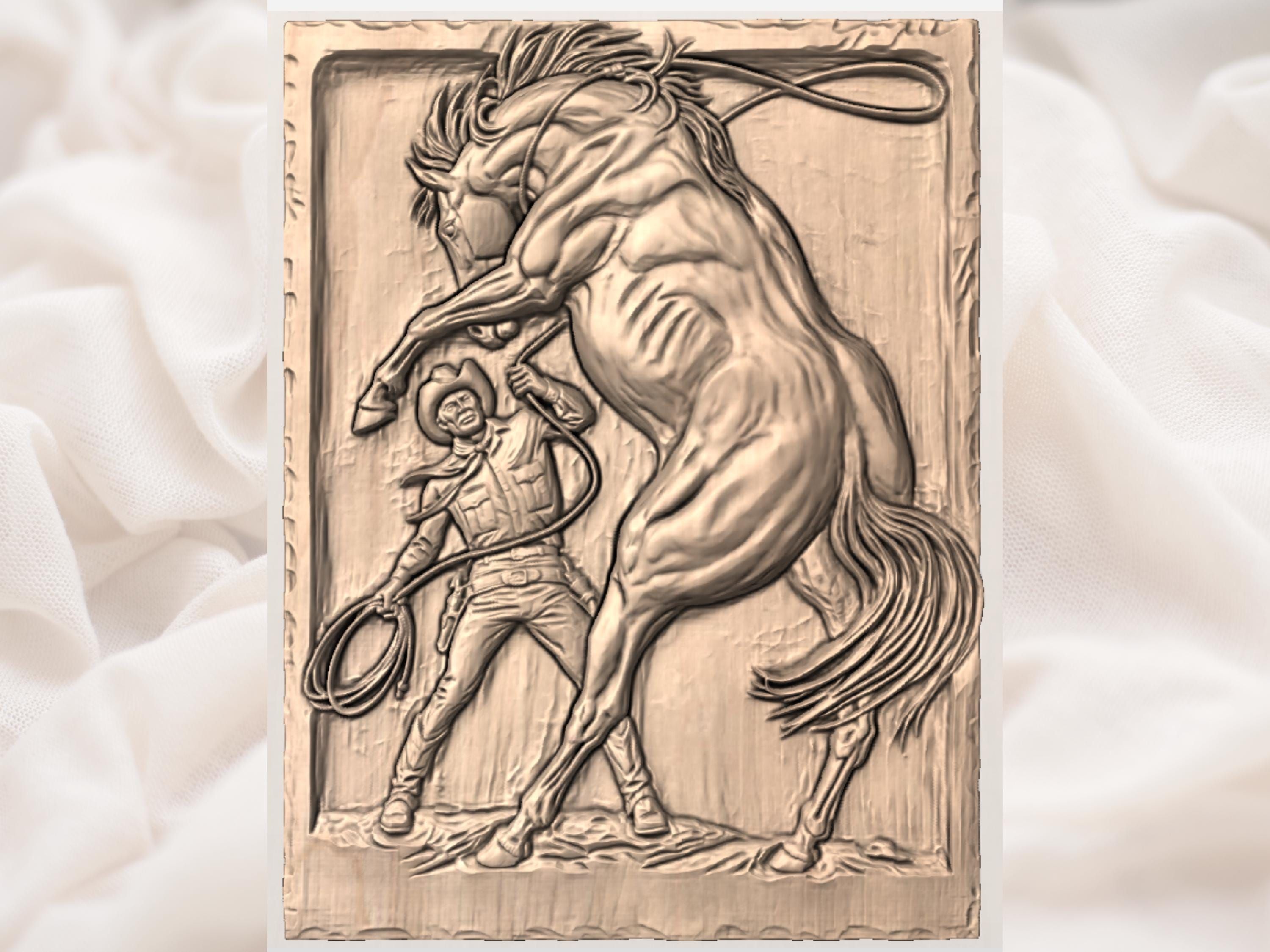 Cowboy Breaking a Rearing Horse Bas-Relief STL Panel bas-relief STL — view 3