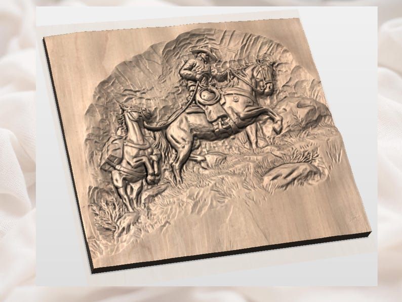 Cowboy Leading Packhorse Through Rocky Trail Relief STL bas-relief STL — view 2