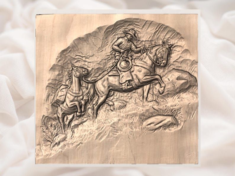 Cowboy Leading Packhorse Through Rocky Trail Relief STL bas-relief STL — view 3