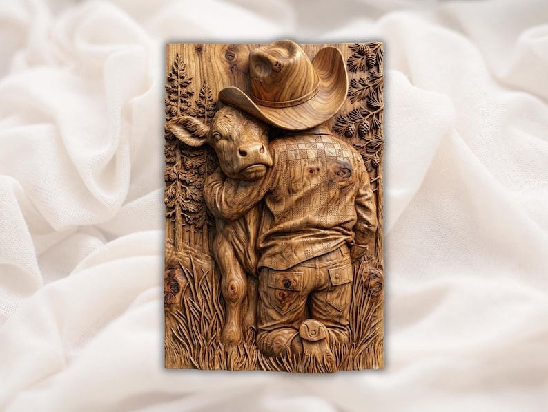 Wood bas-relief of a young cowboy in a hat hugging his calf among pine trees and grass