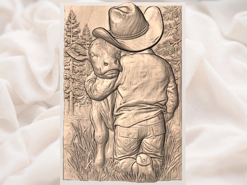 Cowboy Boy Hugging His Calf Bas-Relief STL Carving bas-relief STL — view 2
