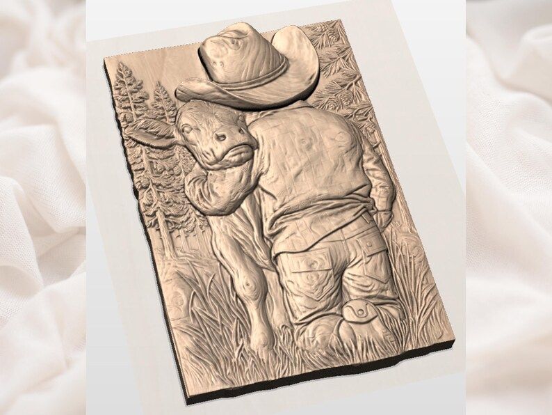 Cowboy Boy Hugging His Calf Bas-Relief STL Carving bas-relief STL — view 3