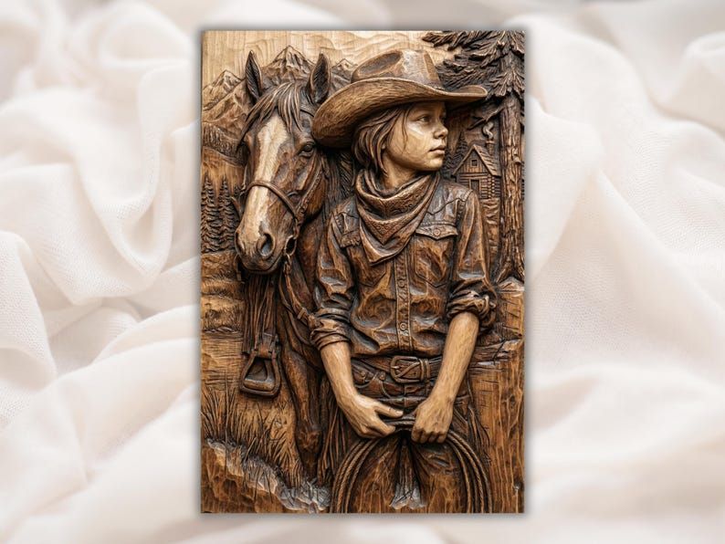 Carved wood bas-relief of a young cowboy in a hat standing beside his horse with a ranch cabin behind them.