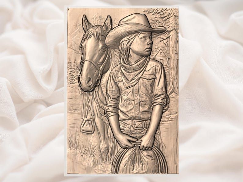 Young Cowboy and His Horse Bas-Relief STL Carving File bas-relief STL — view 2