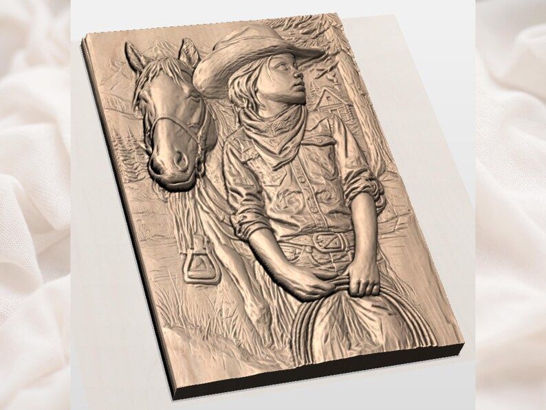 Young Cowboy and His Horse Bas-Relief STL Carving File bas-relief STL — view 3