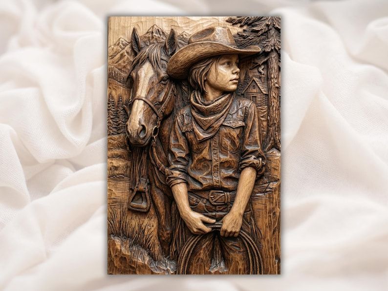 Young Cowboy and His Horse Bas-Relief STL Carving File bas-relief STL design