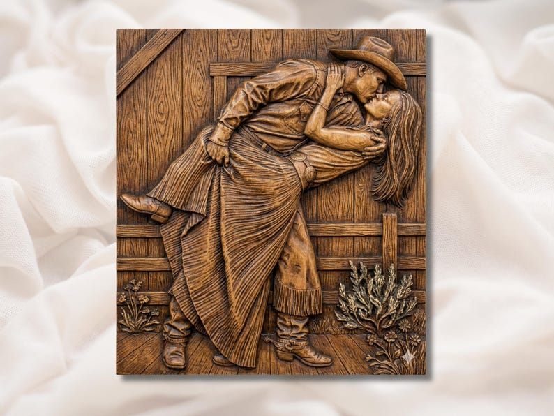 Wood relief carving of a cowboy dipping a cowgirl in a kiss against a barn wall with wildflowers below