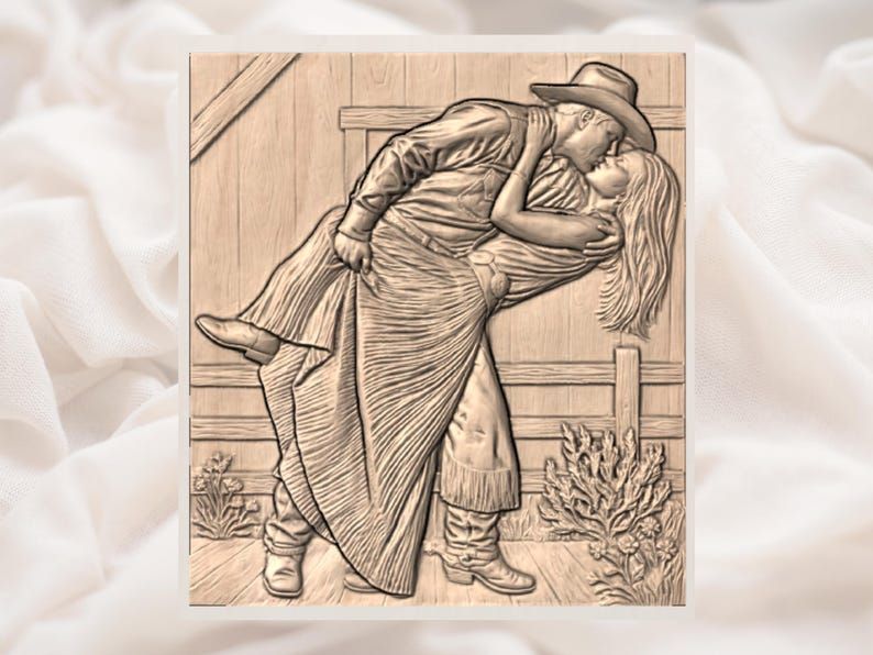 Cowboy Dipping Cowgirl in a Kiss, Western Romance Relief STL bas-relief STL — view 2