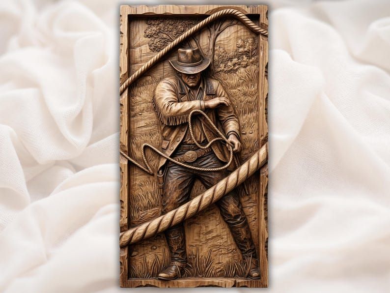 Carved wood relief of a cowboy in a hat and fringe jacket roping a lasso on a ranch
