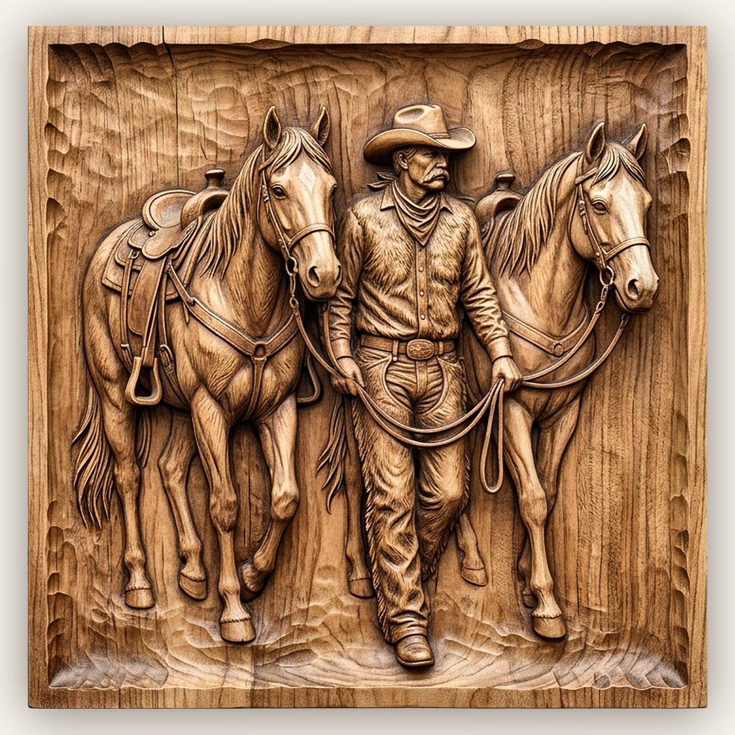 Cowboy Leading Horses CNC Relief STL | Western Wall Art Panel | Rustic