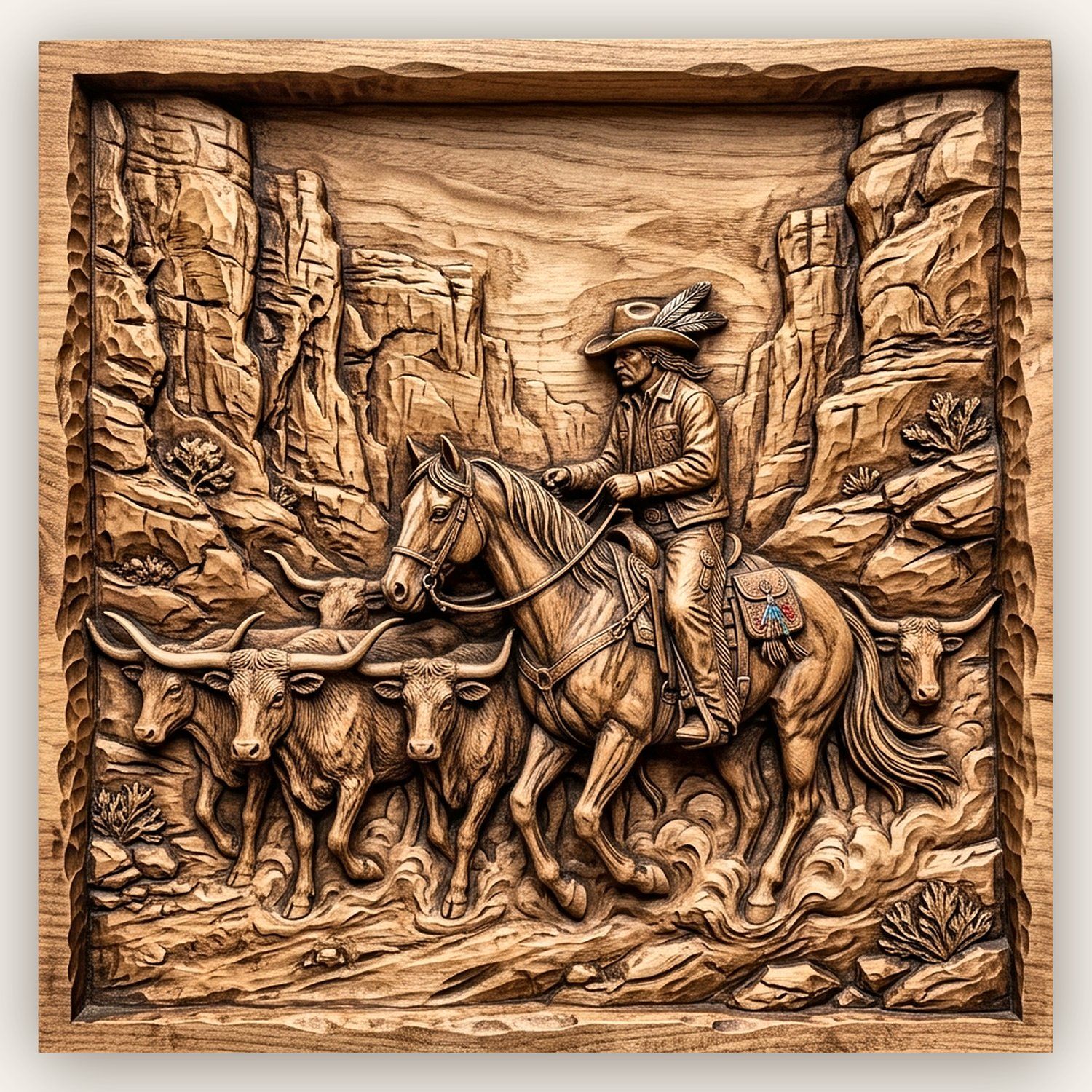 Cowboy Longhorn Cattle Drive CNC Relief STL bas-relief STL design
