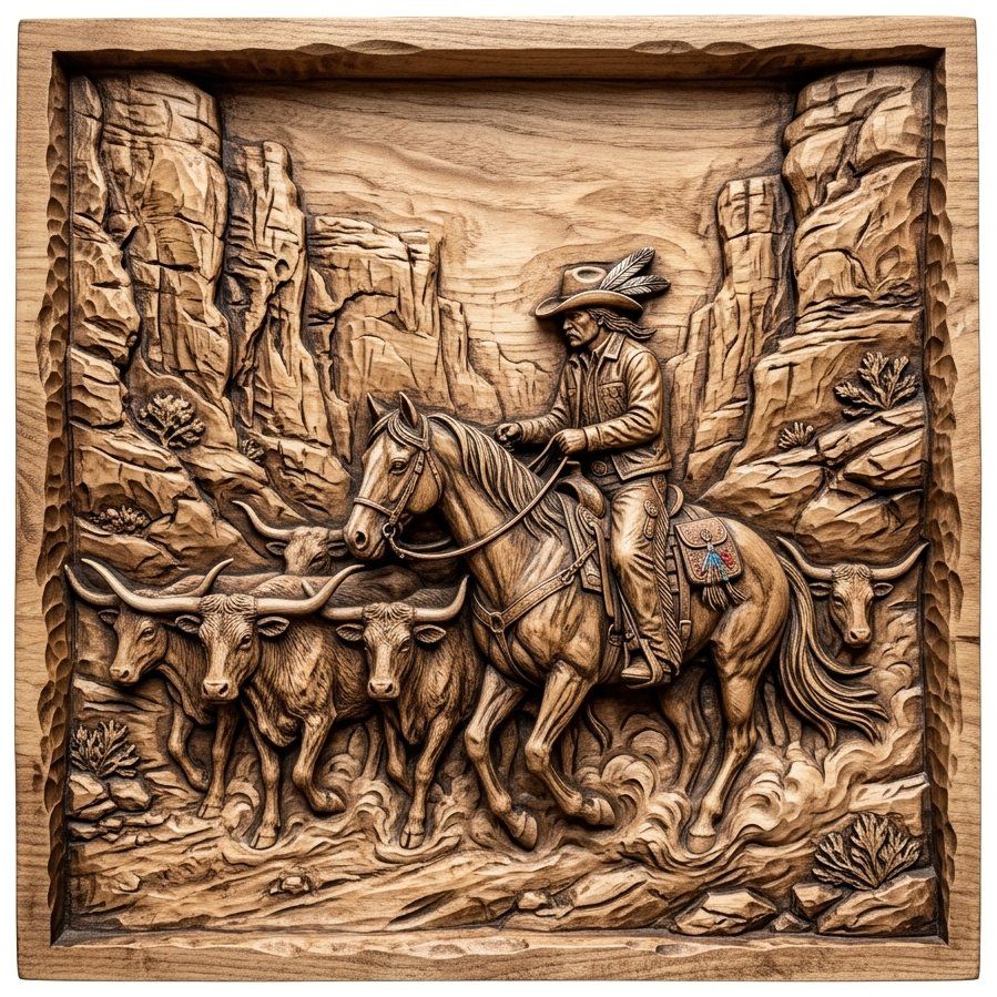 Cowboy Longhorn Cattle Drive CNC Relief STL bas-relief STL — view 13