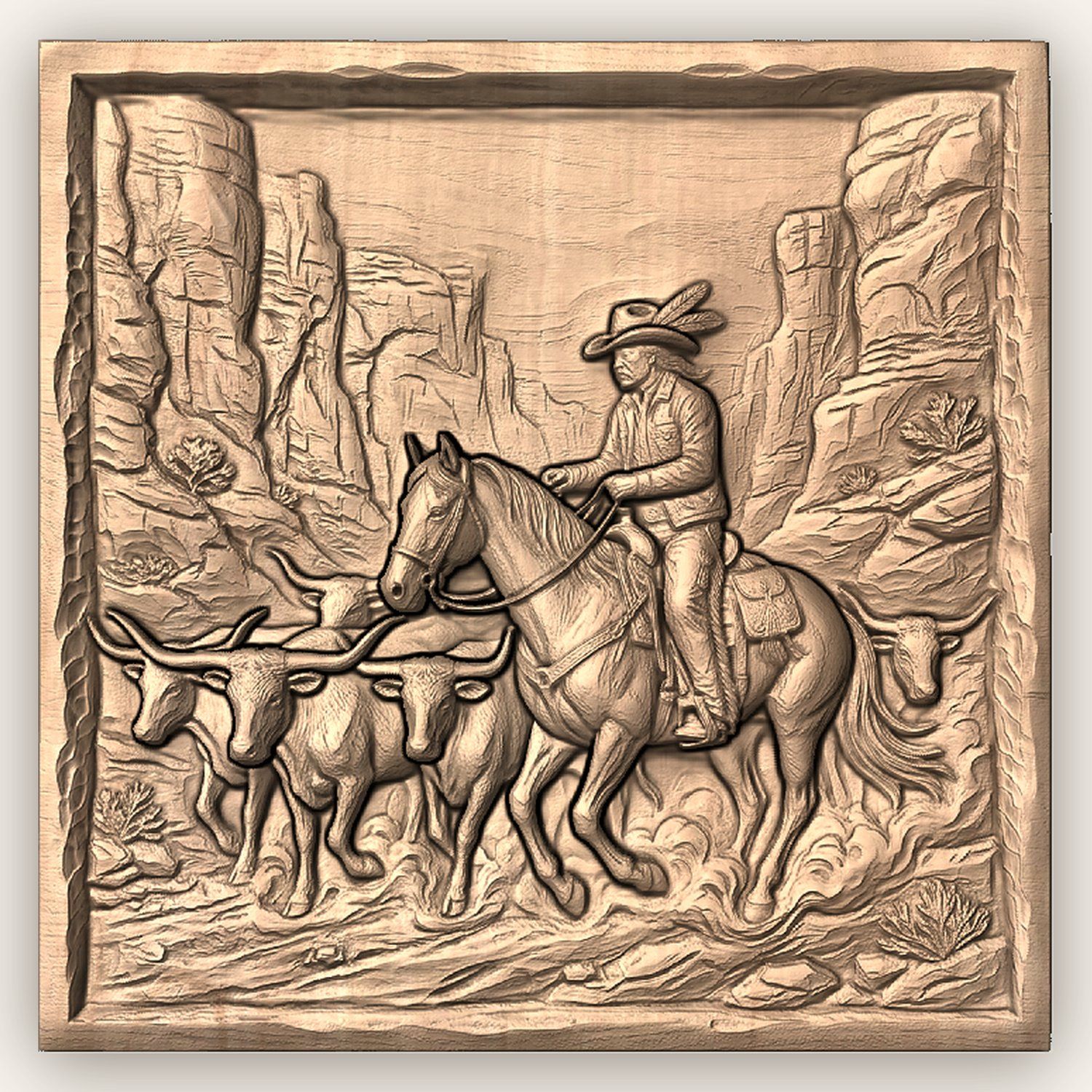 Cowboy Longhorn Cattle Drive CNC Relief STL bas-relief STL — view 3