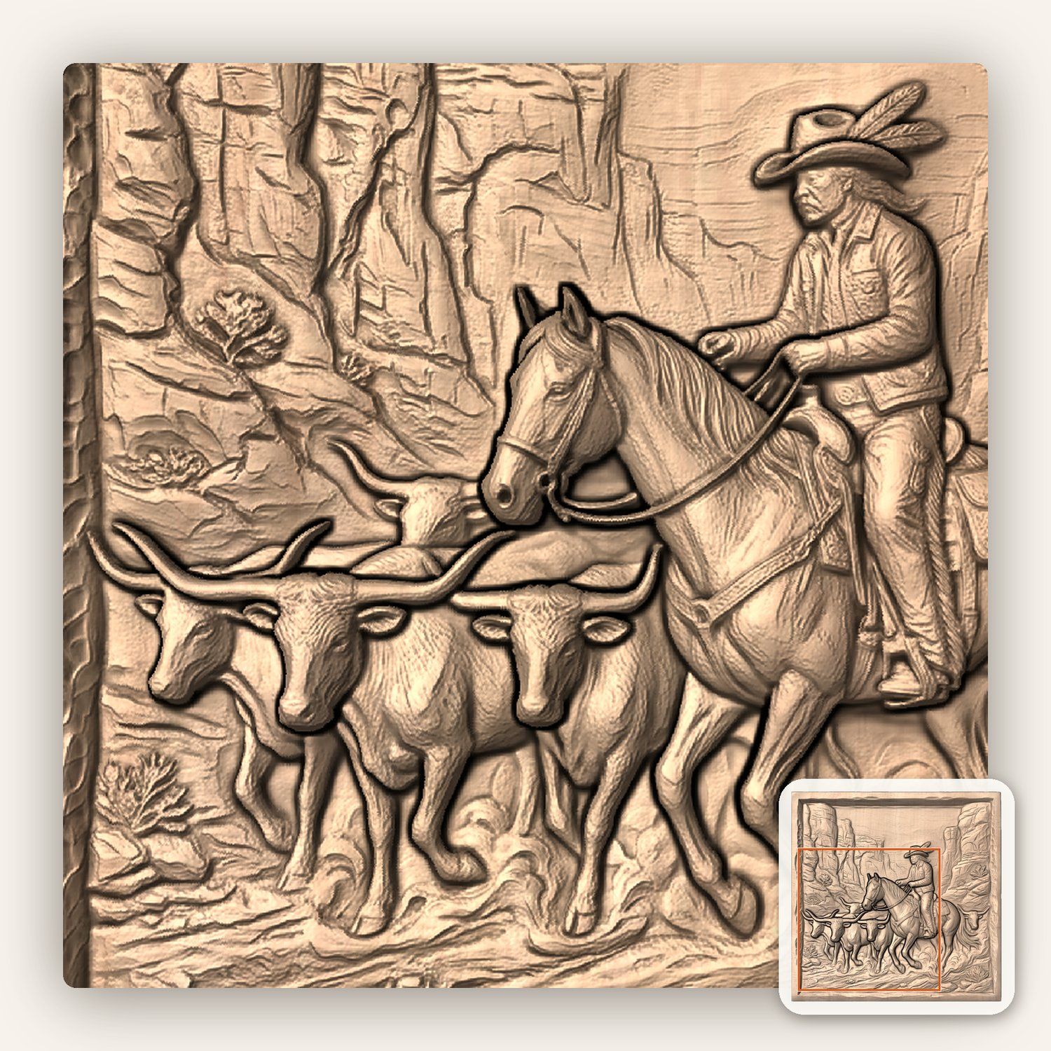 Cowboy Longhorn Cattle Drive CNC Relief STL bas-relief STL — view 5