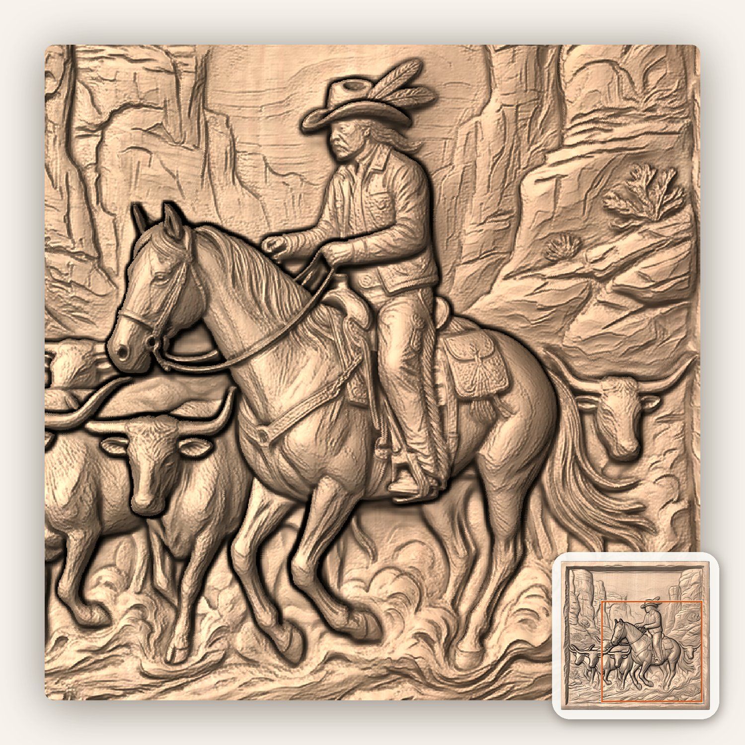 Cowboy Longhorn Cattle Drive CNC Relief STL bas-relief STL — view 6