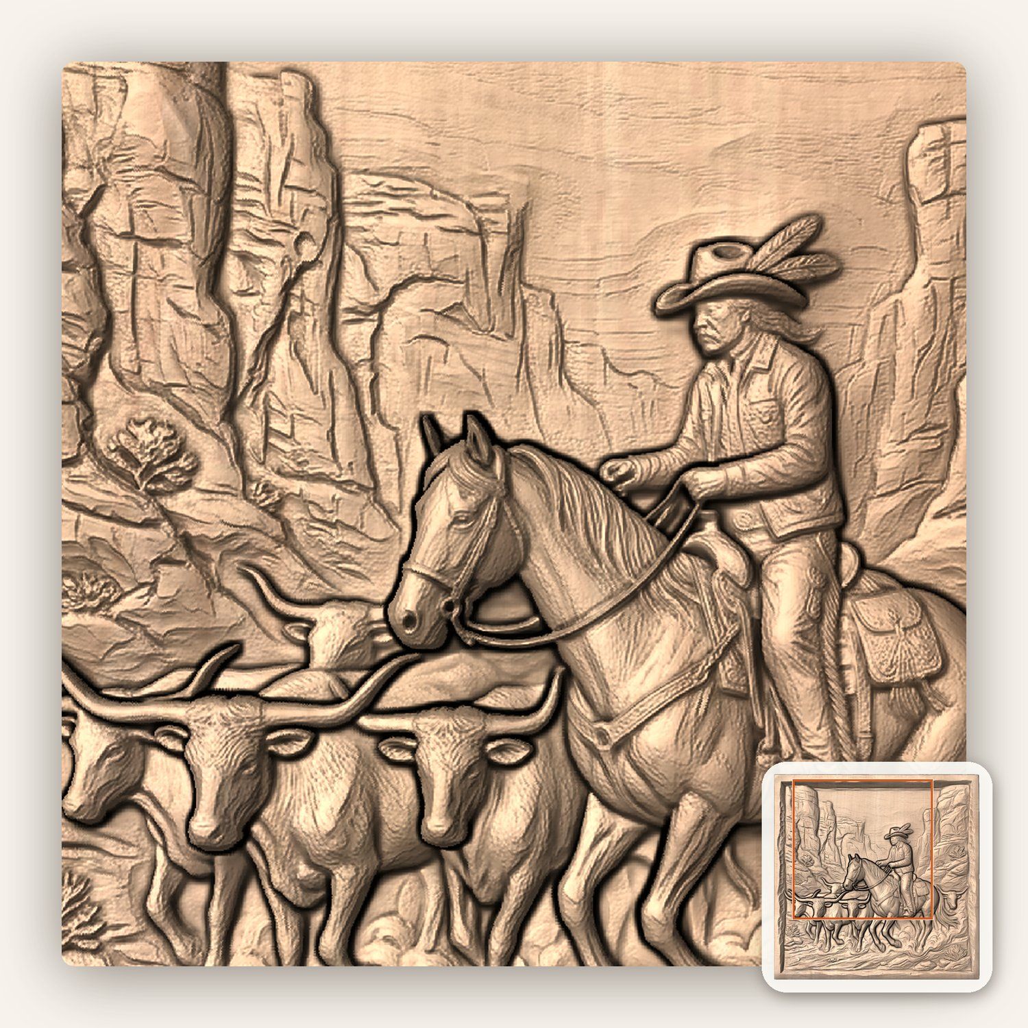 Cowboy Longhorn Cattle Drive CNC Relief STL bas-relief STL — view 7