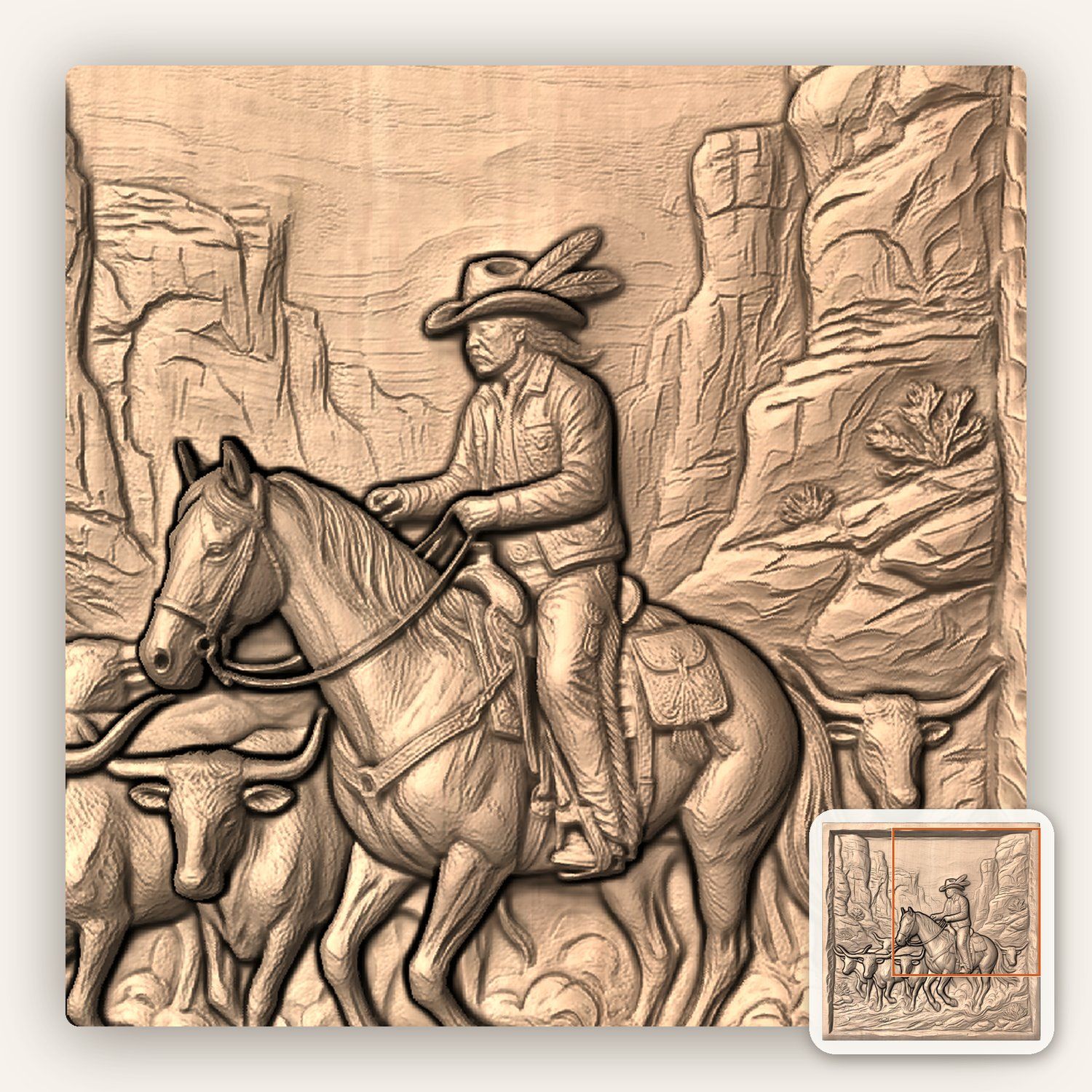 Cowboy Longhorn Cattle Drive CNC Relief STL bas-relief STL — view 8