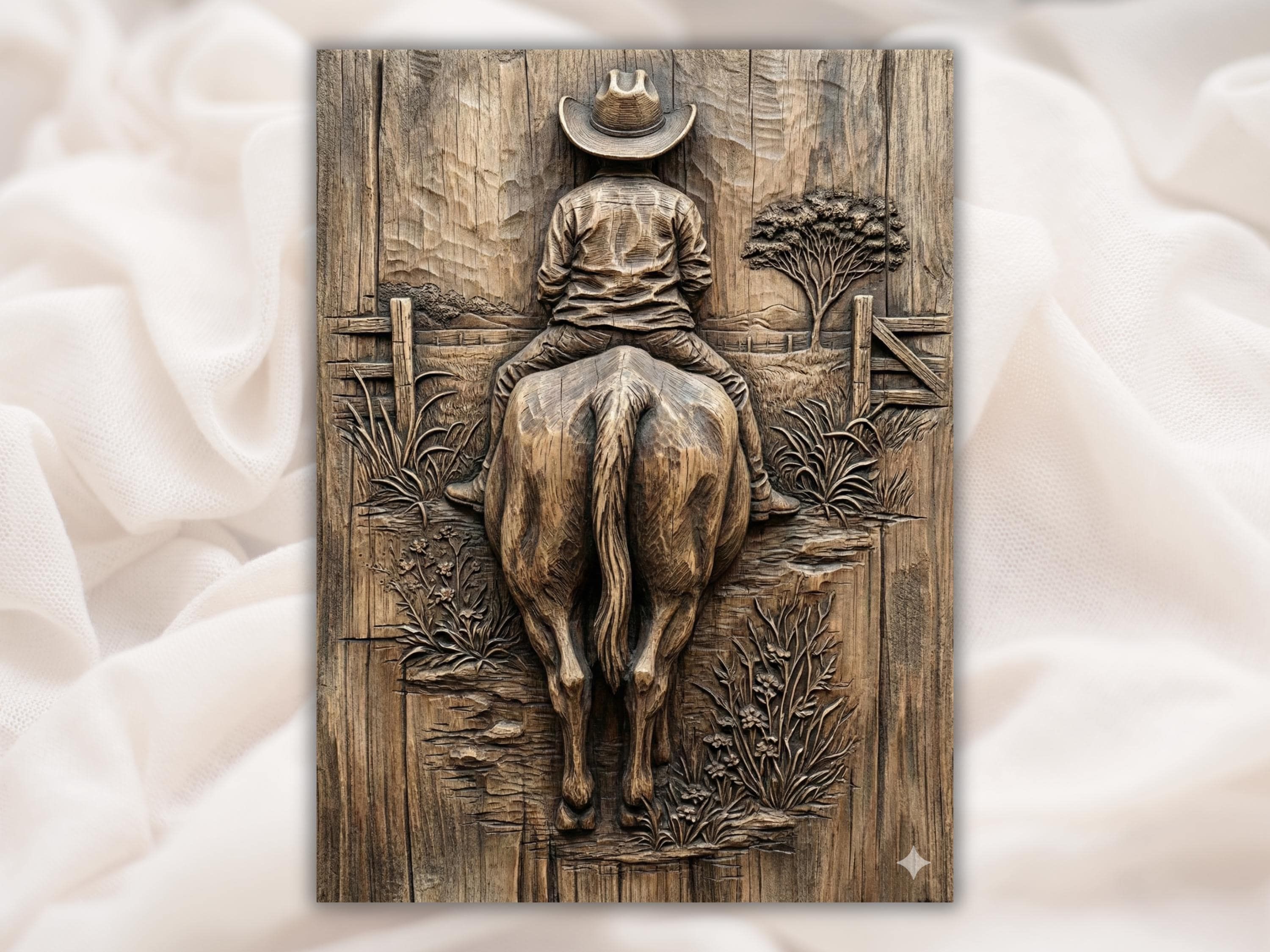 Bas-relief wood carving of a cowboy seen from behind riding a horse with fence, tree and wildflowers