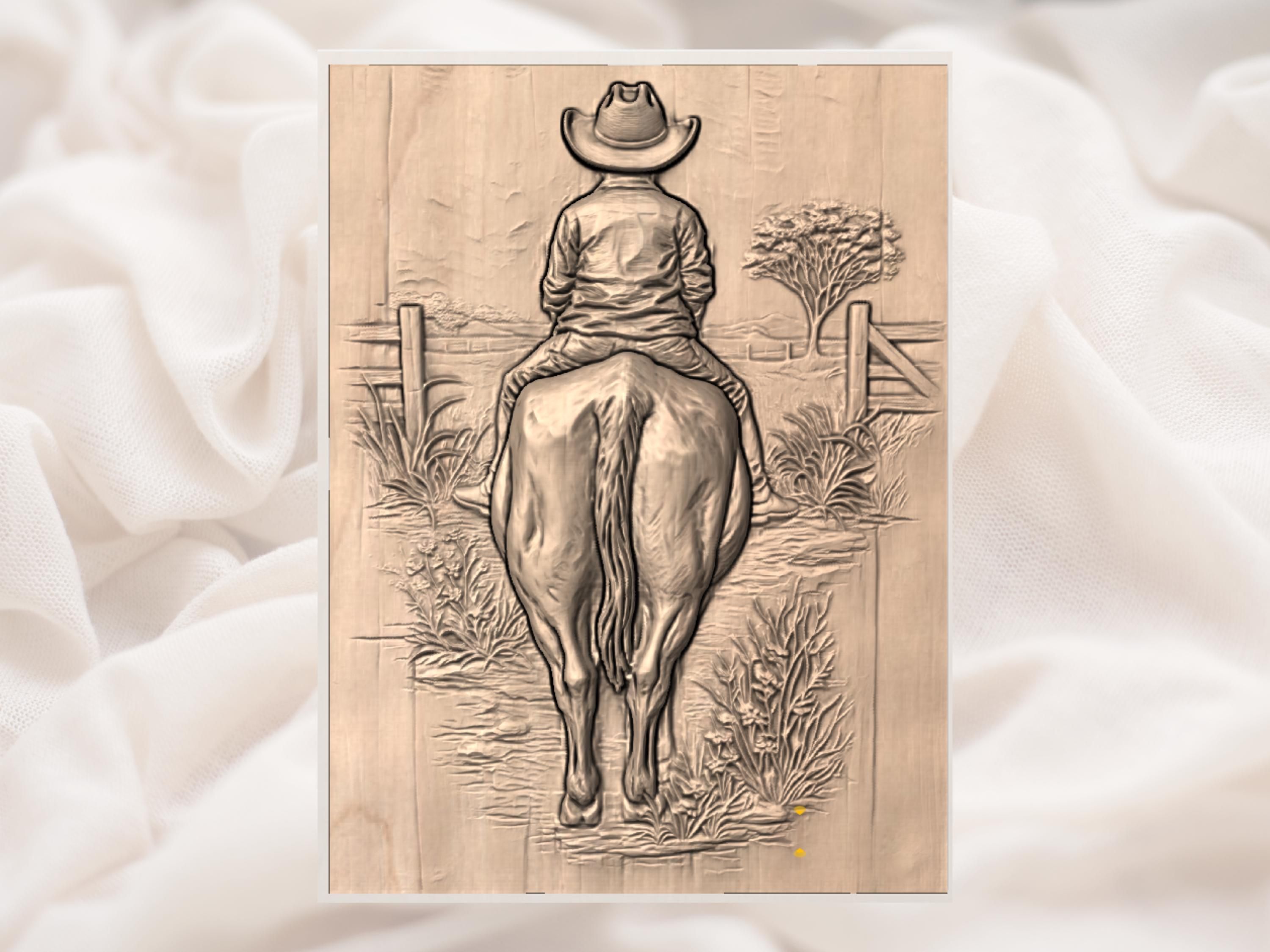 Cowboy Riding Away on Horseback Bas-Relief STL Carving bas-relief STL — view 2