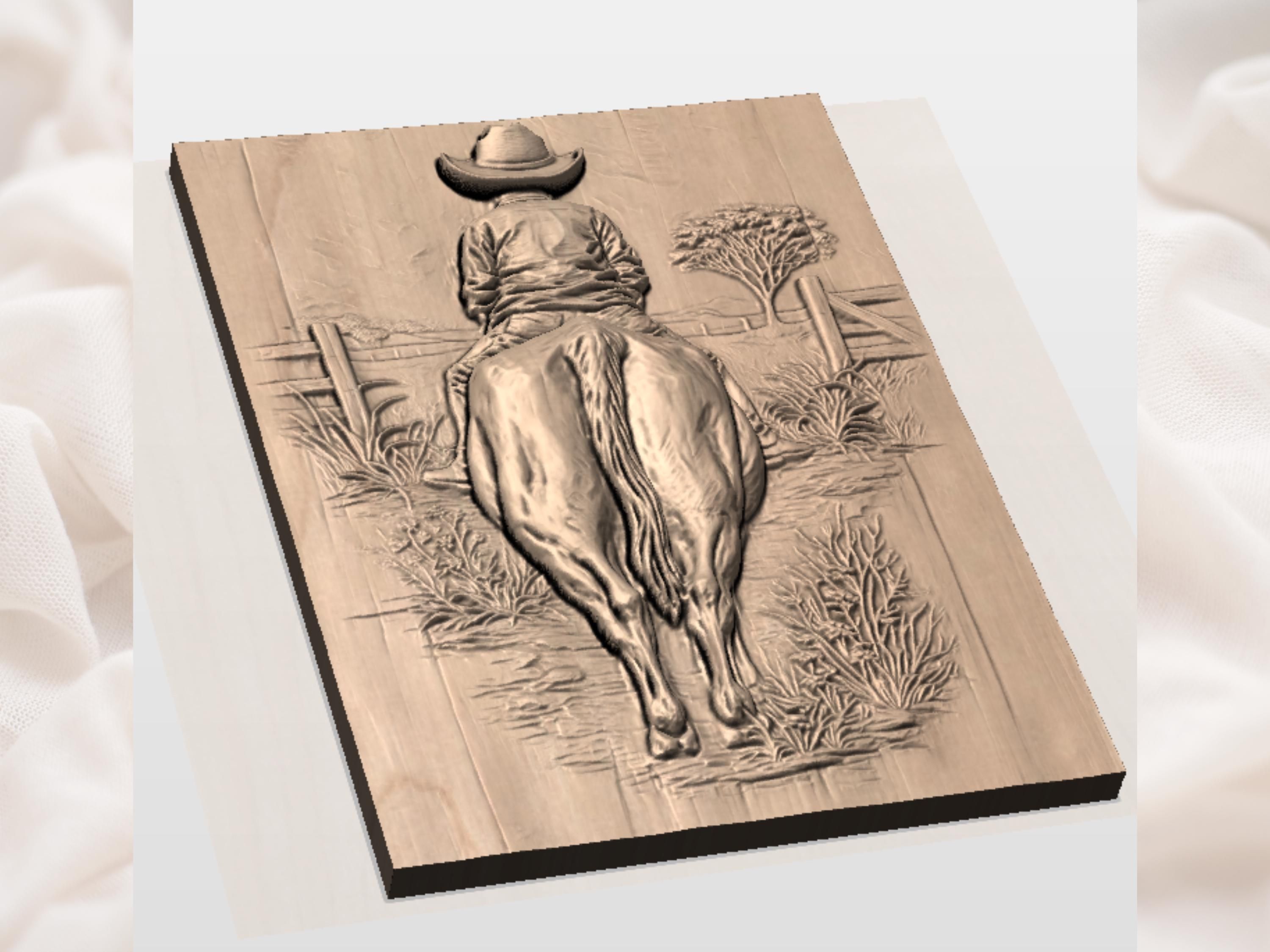 Cowboy Riding Away on Horseback Bas-Relief STL Carving bas-relief STL — view 3