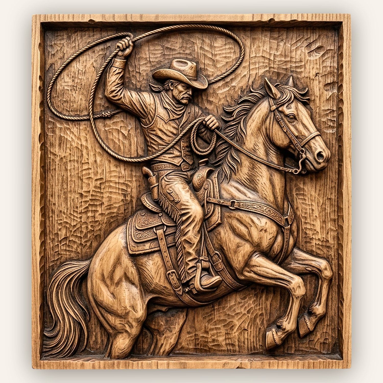 Cowboy on Rearing Horse Lasso CNC Relief STL | Wild West Rodeo Wood Ca