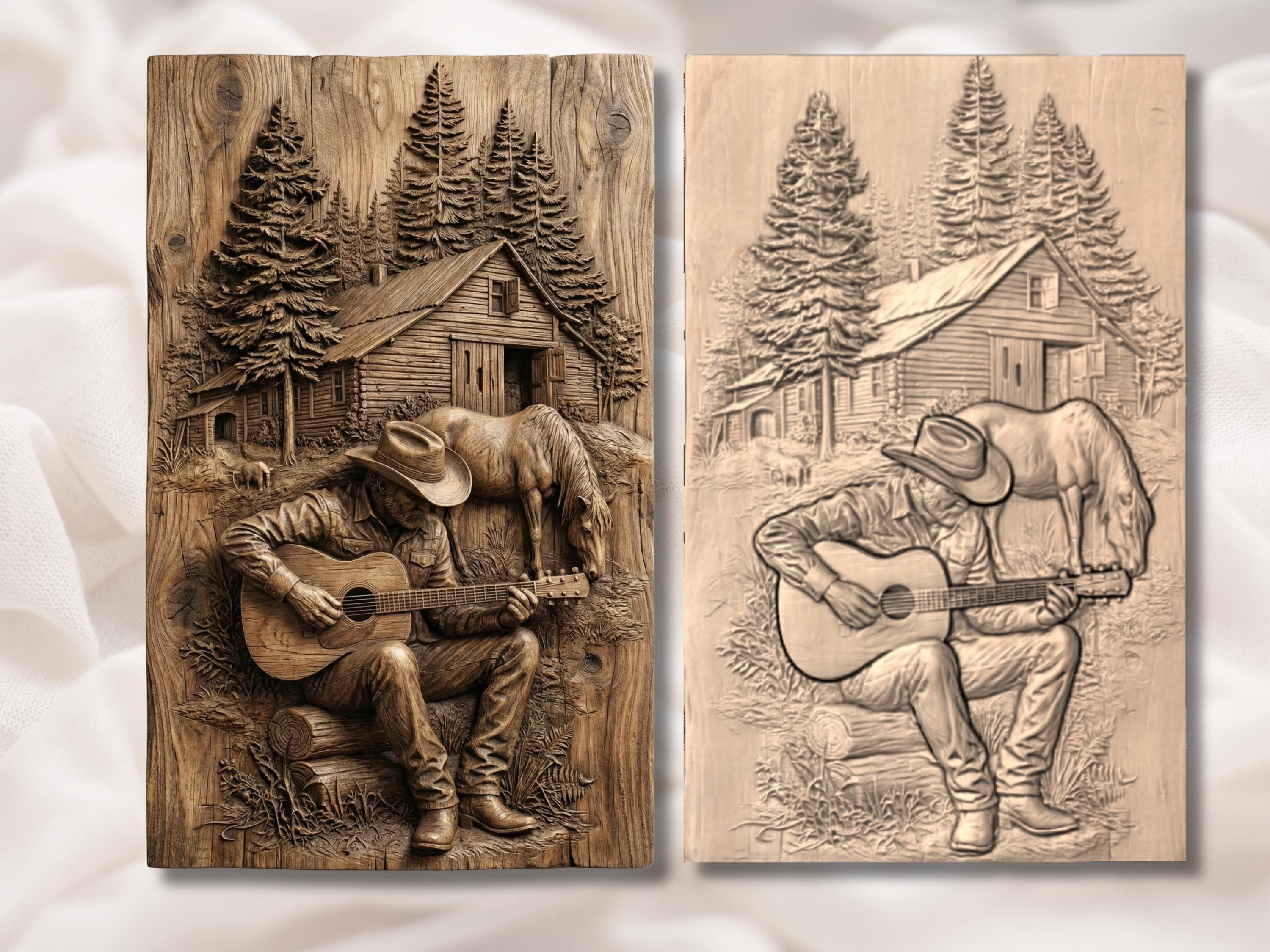 Cowboy Playing Guitar by the Cabin Bas-Relief STL Scene bas-relief STL — view 2