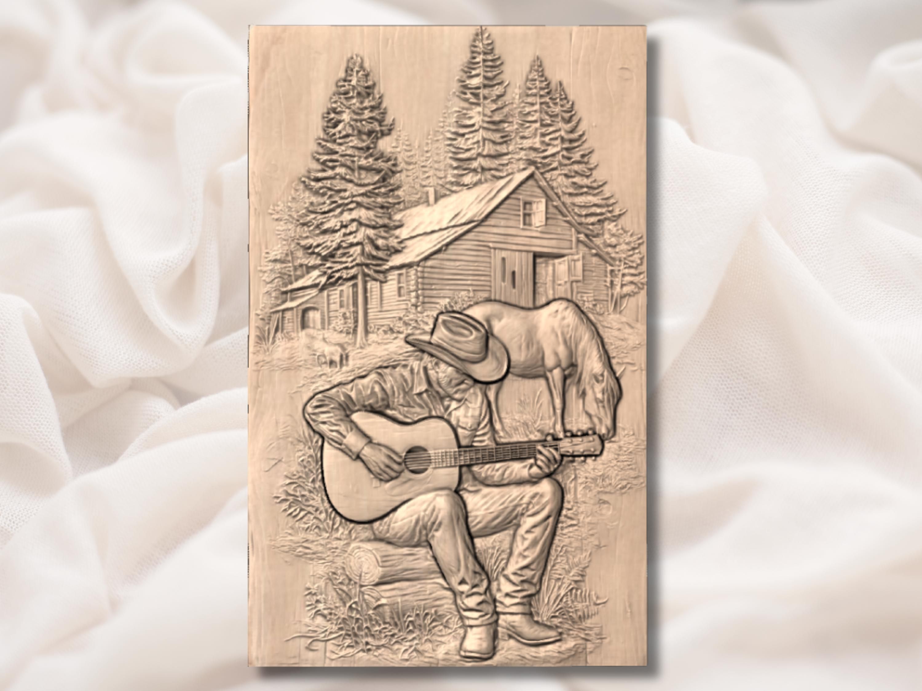 Cowboy Playing Guitar by the Cabin Bas-Relief STL Scene bas-relief STL — view 3