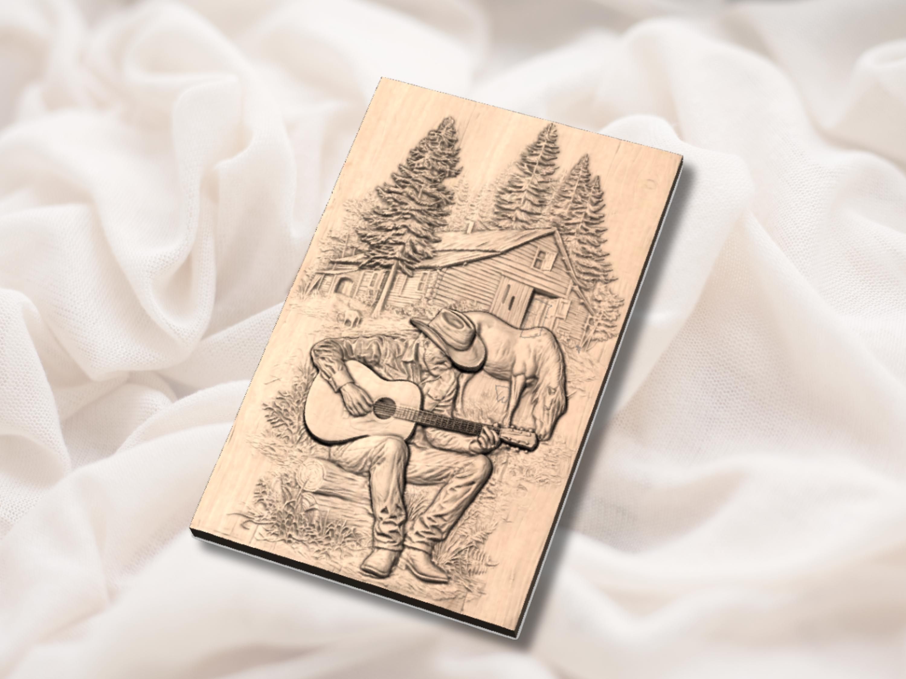 Cowboy Playing Guitar by the Cabin Bas-Relief STL Scene bas-relief STL — view 4