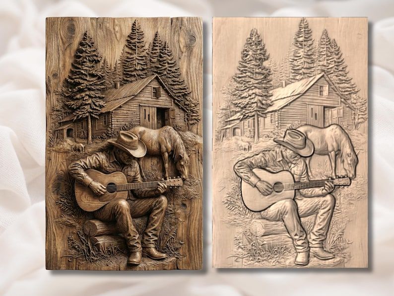 Cowboy Playing Guitar by the Cabin Bas-Relief STL bas-relief STL — view 2