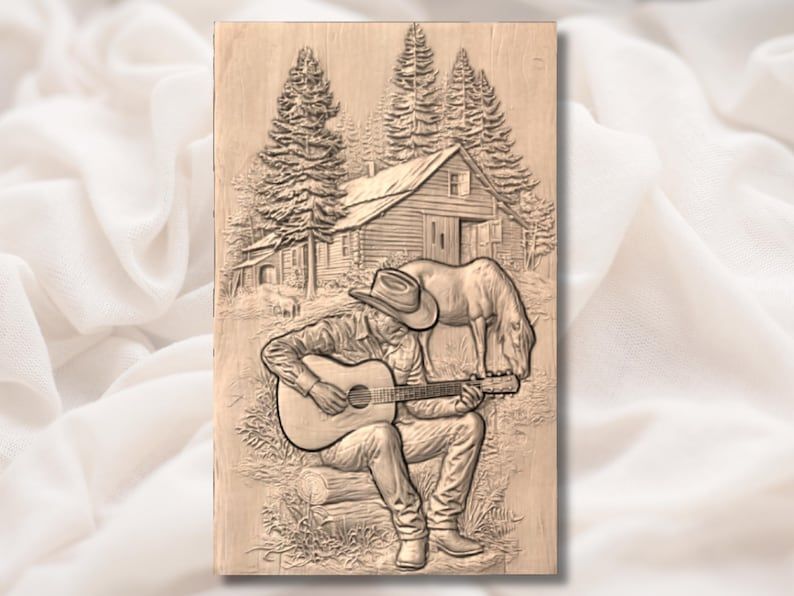Cowboy Playing Guitar by the Cabin Bas-Relief STL bas-relief STL — view 3