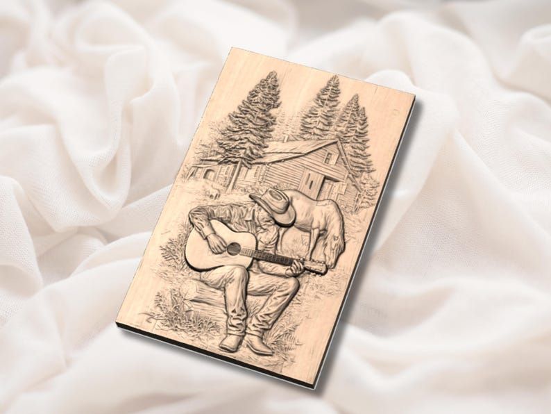 Cowboy Playing Guitar by the Cabin Bas-Relief STL bas-relief STL — view 4