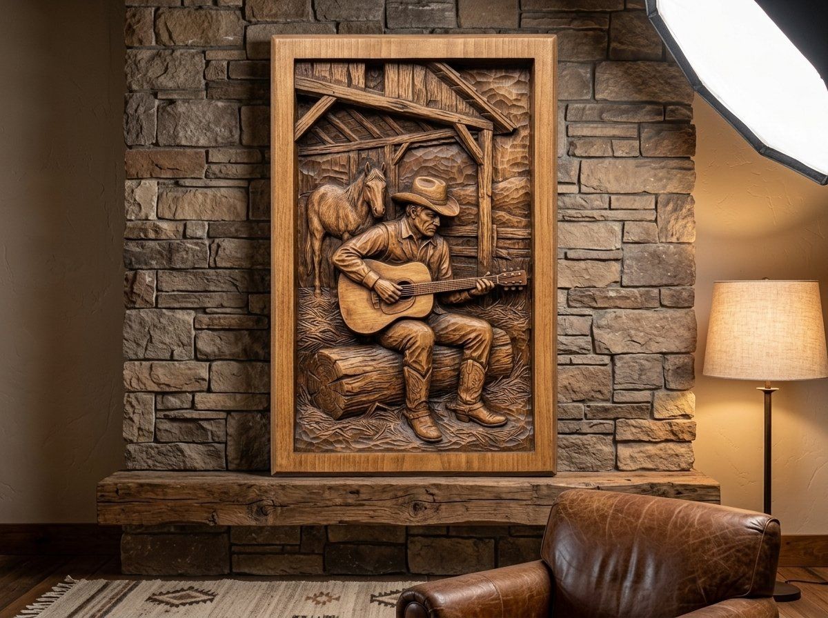 Cowboy Playing Guitar Horse Barn CNC Relief STL bas-relief STL — view 12