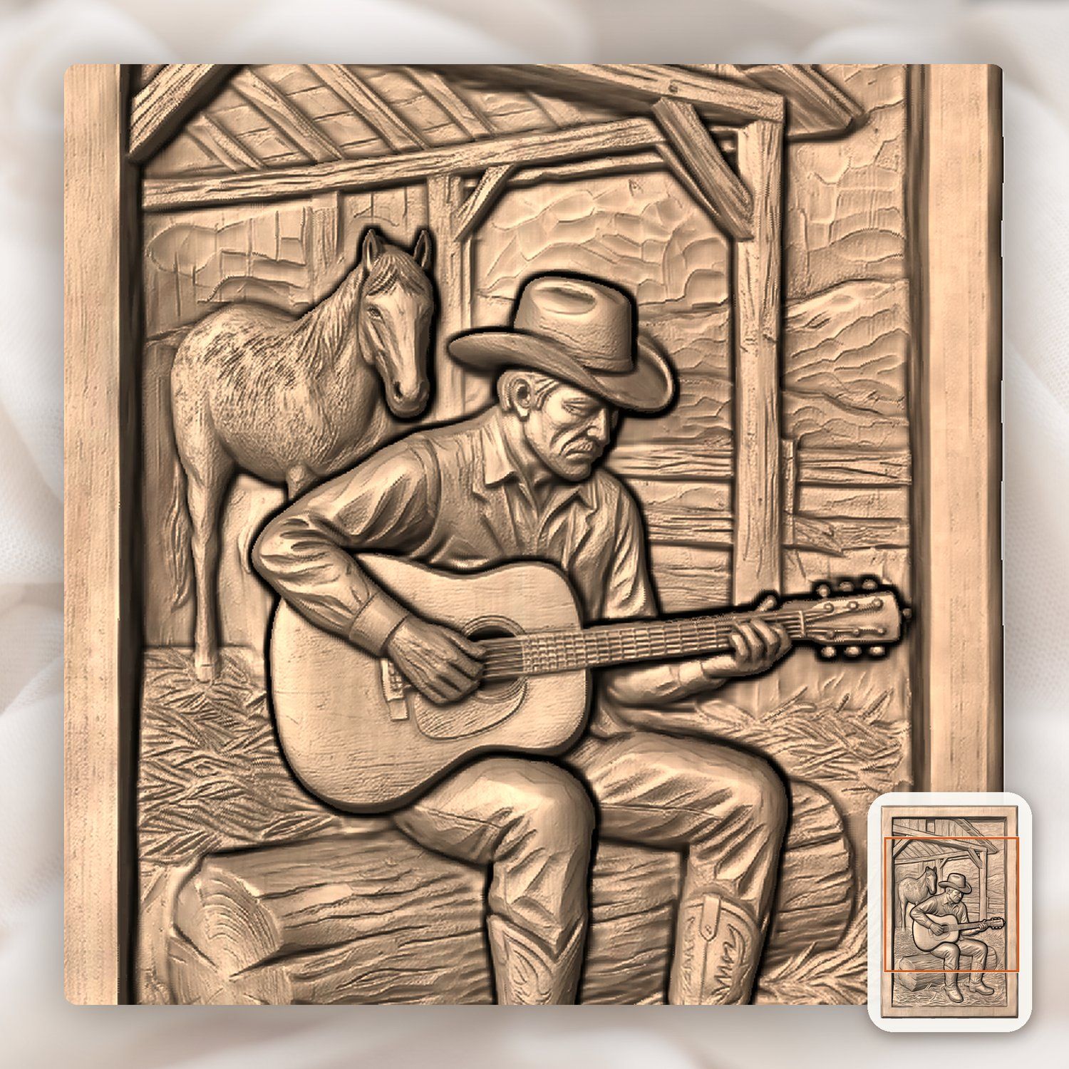 Cowboy Playing Guitar Horse Barn CNC Relief STL bas-relief STL — view 6