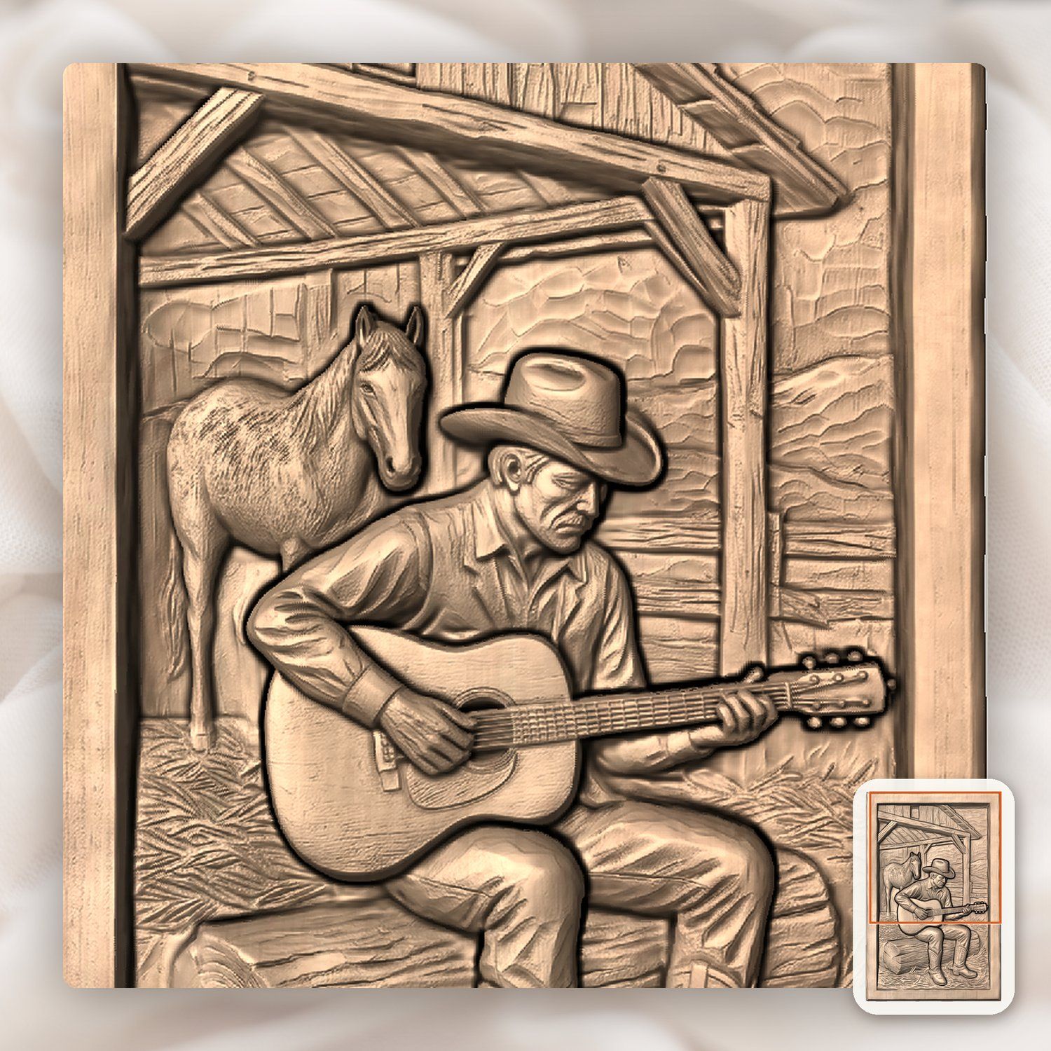 Cowboy Playing Guitar Horse Barn CNC Relief STL bas-relief STL — view 7
