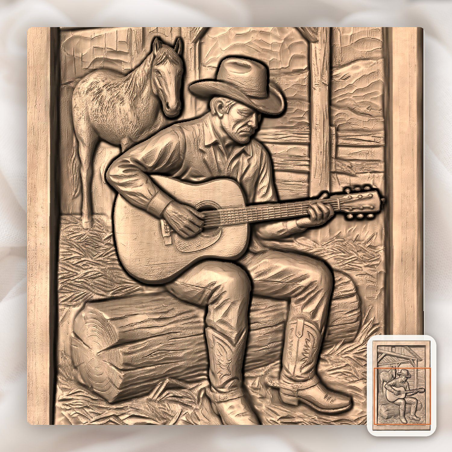 Cowboy Playing Guitar Horse Barn CNC Relief STL bas-relief STL — view 8