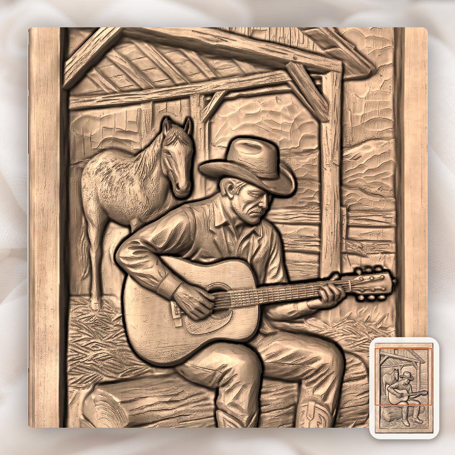 Cowboy Playing Guitar Horse Barn CNC Relief STL bas-relief STL — view 9