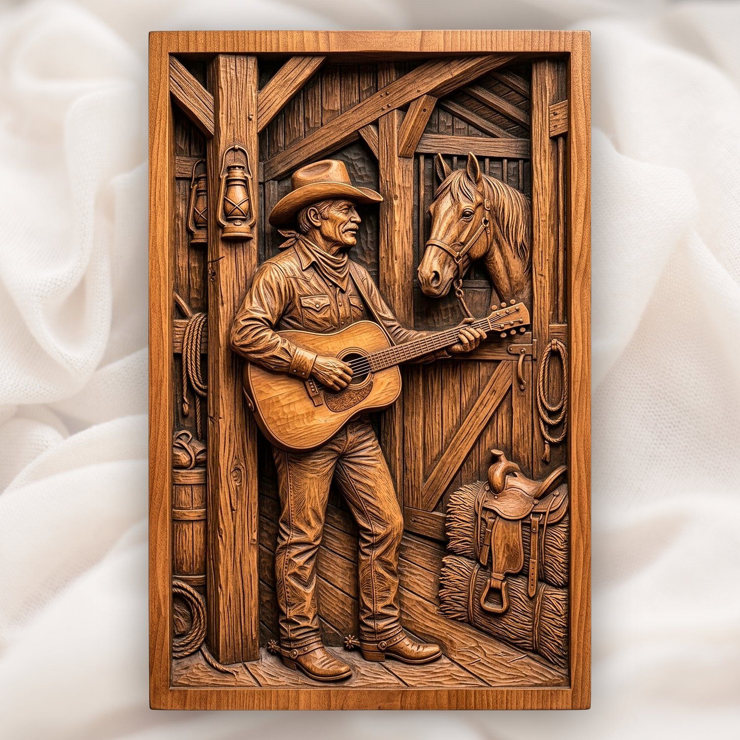 Cowboy Playing Guitar in Barn CNC Relief STL bas-relief STL design