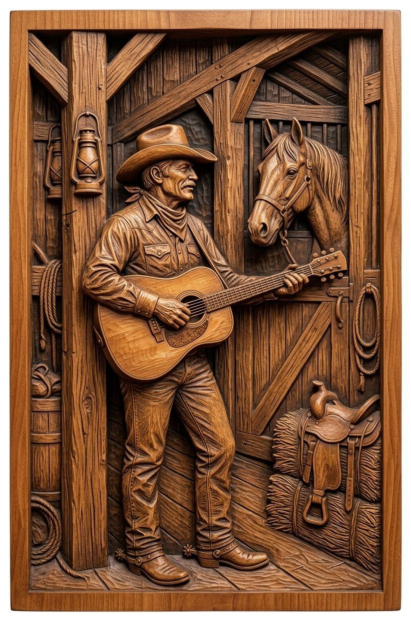 Cowboy Playing Guitar in Barn CNC Relief STL bas-relief STL — view 12