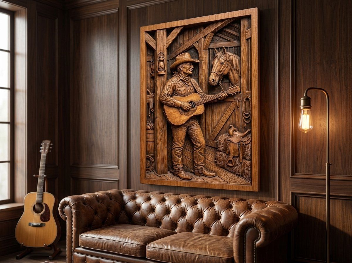 Cowboy Playing Guitar in Barn CNC Relief STL bas-relief STL — view 14