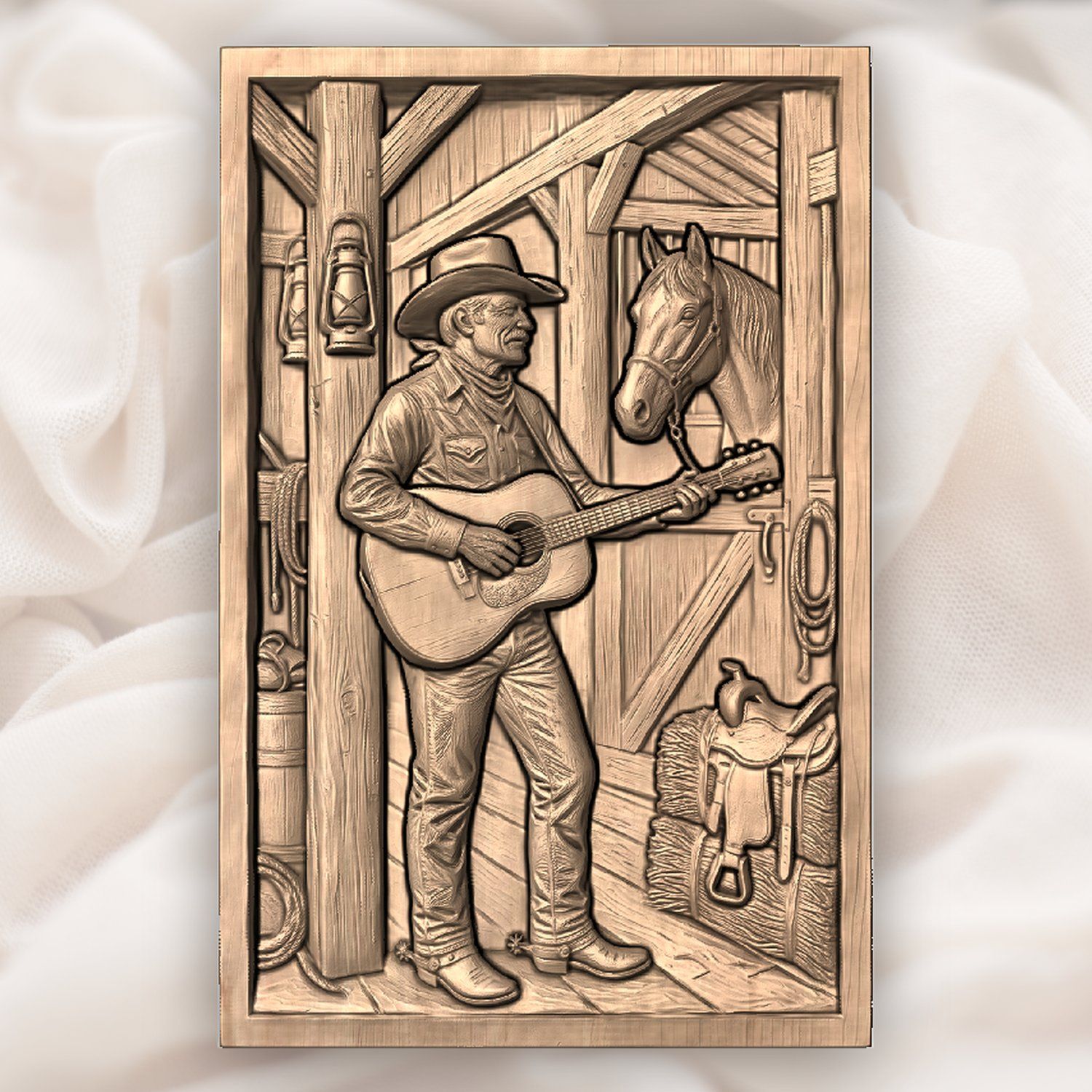 Cowboy Playing Guitar in Barn CNC Relief STL bas-relief STL — view 4